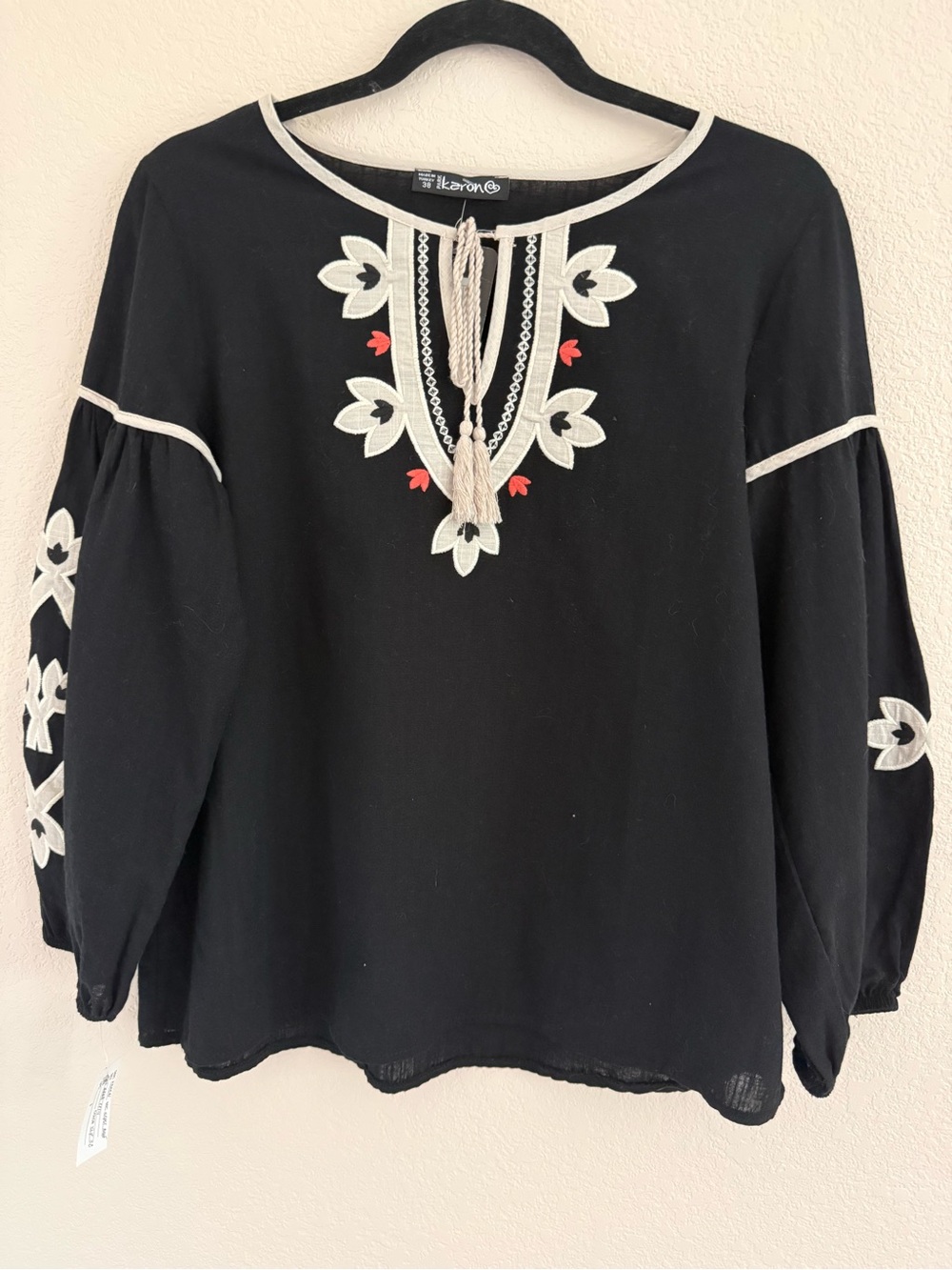 Black Embroidered Peasant Top with Tassel Tie
